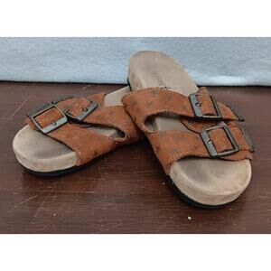 MinneTonka Little Kid Slip-On Double Strap Sandals Sz 13 Brown with Stars, CUTE!